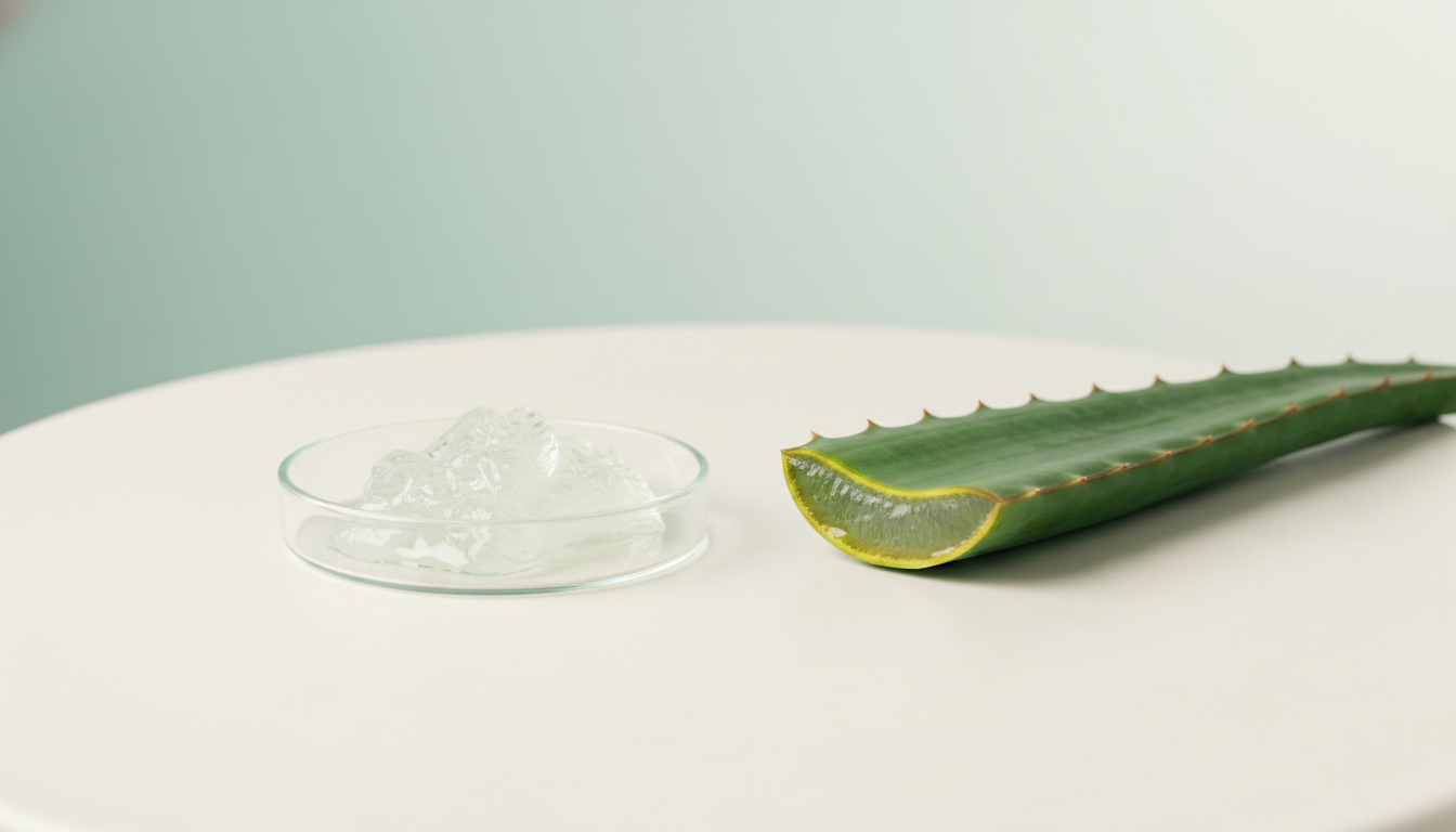 Aloe vera inner gel in a clear petri dish on off-white surface, sage-aqua background — Curaloe science feature