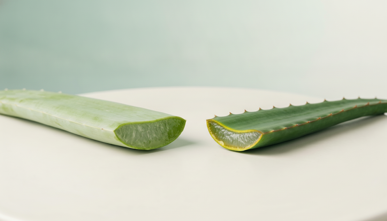 Two aloe leaves side by side showing the difference between Aloe barbadensis and Aloe ferox, on an off-white surface against a sage-aqua wall