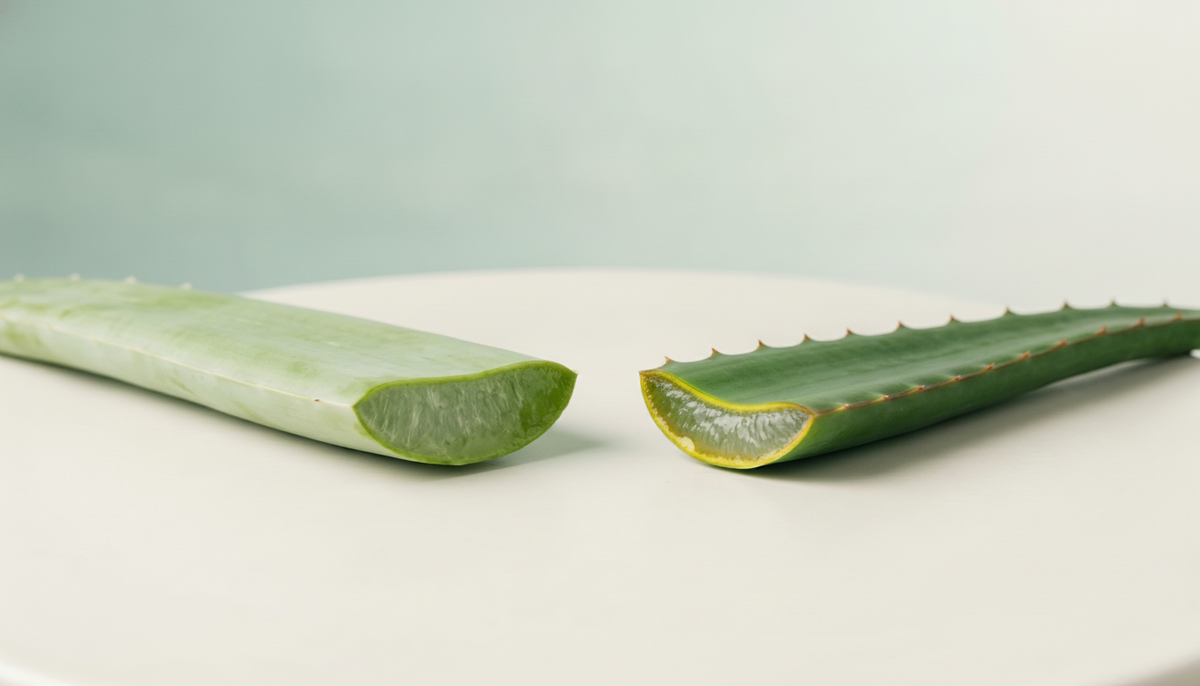 Two aloe leaves side by side showing the difference between Aloe barbadensis and Aloe ferox, on an off-white surface against a sage-aqua wall