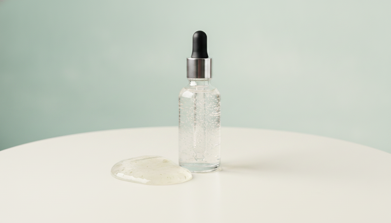 Curaloe Aloe Vera Facial Gel Serum dropper beside a smear of clear aloe gel on an off-white surface against a sage-aqua wall