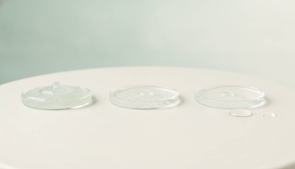 Three hydrating skincare textures compared side by side on an off-white surface against a sage-aqua wall
