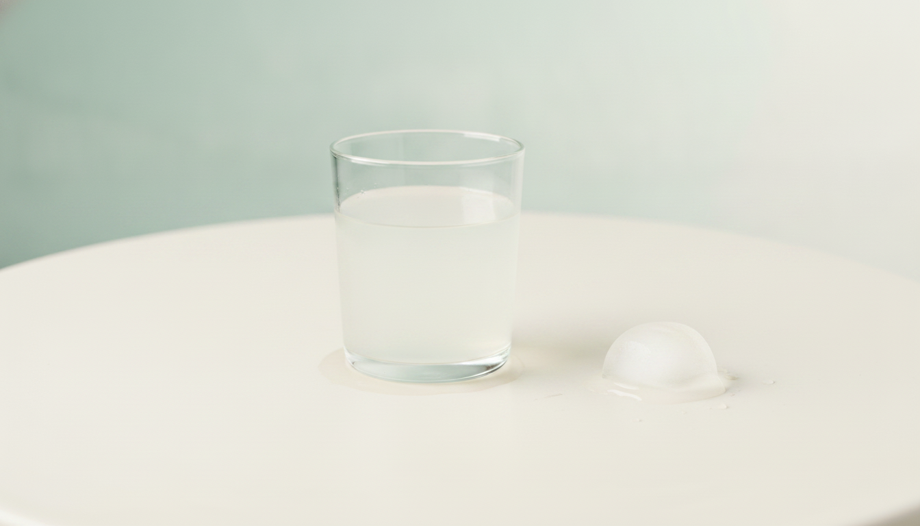 Glass of Curaloe aloe vera juice in soft morning light on an off-white surface against a sage-aqua wall