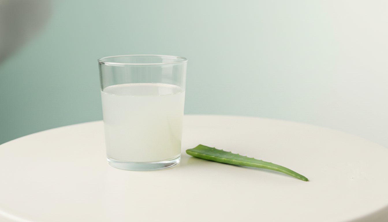 Single clear glass of pale aloe juice on an off-white kitchen counter, sage-aqua wall behind — Curaloe daily ritual