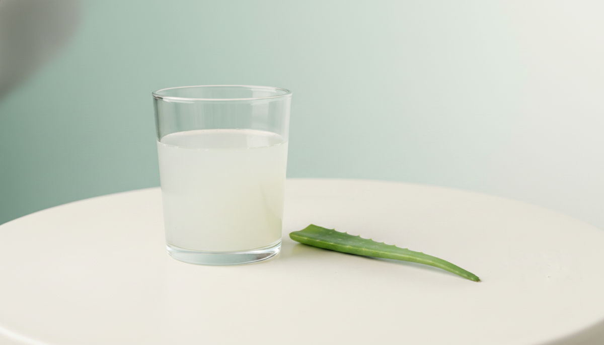 Single clear glass of pale aloe juice on an off-white kitchen counter, sage-aqua wall behind — Curaloe daily ritual