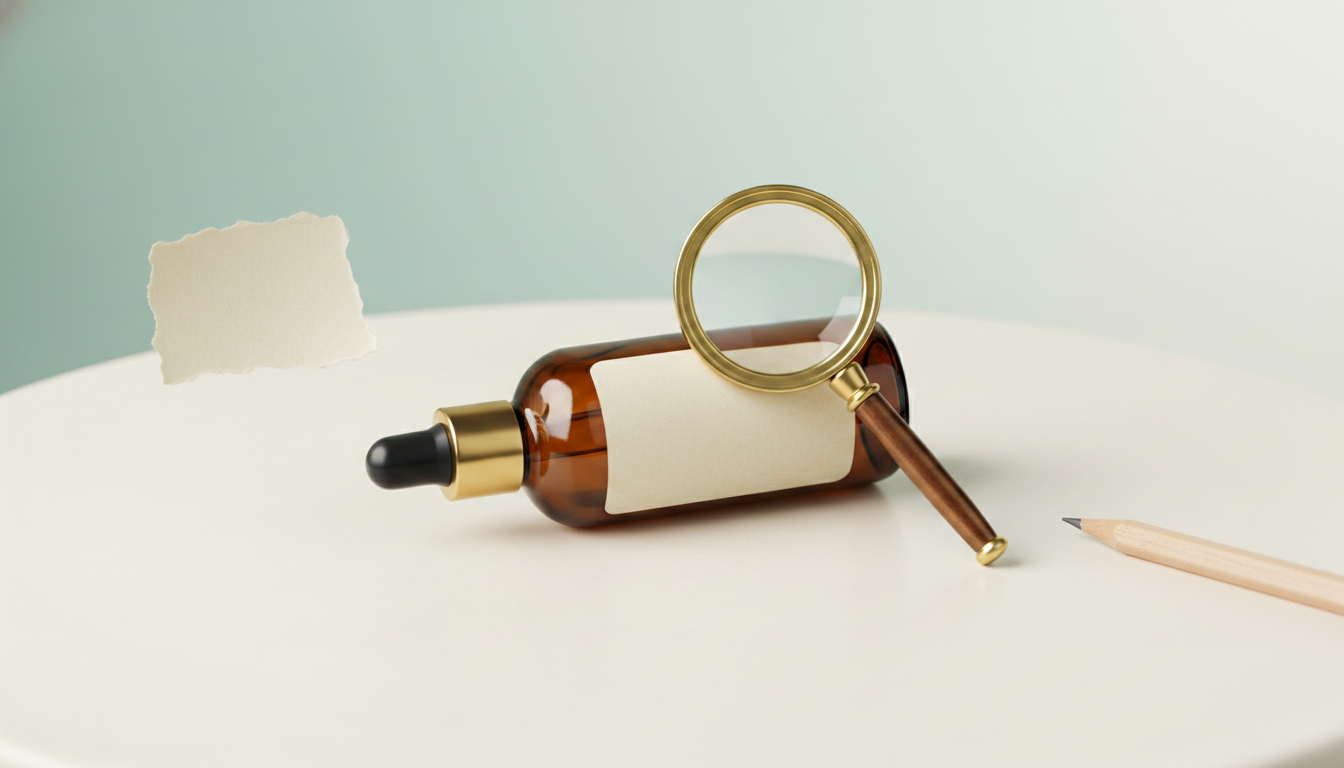 Macro flat lay of unbranded skincare bottle with blank label, magnifying glass and pencil notes on an off-white surface, sage-aqua background