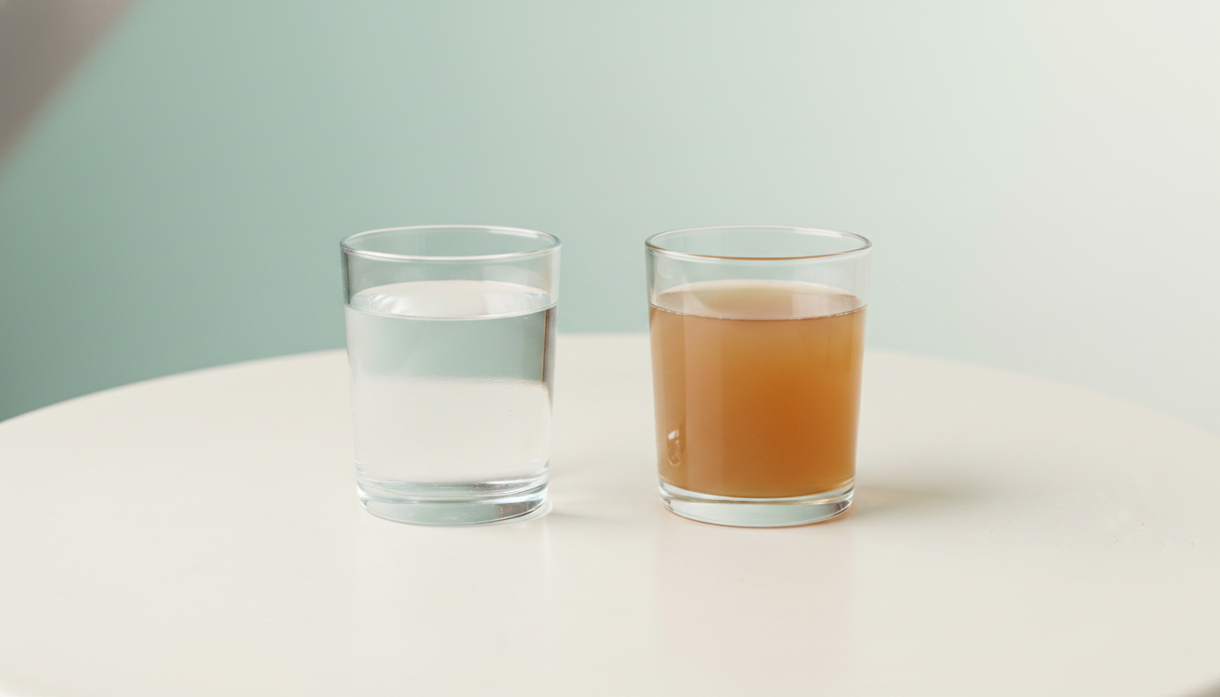 Two clear glasses of aloe juice side by side — one clear, one cloudy amber — on off-white surface, sage-aqua background