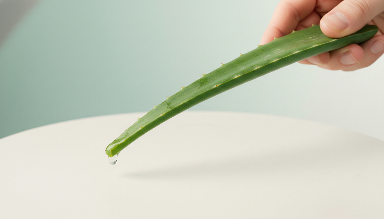Hand holding a freshly hand-harvested aloe leaf, droplet of clear gel forming at the cut end — sage-aqua background, off-white surface