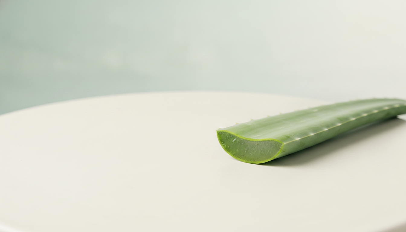 Cross-section of an aloe leaf showing the yellow aloin layer beneath the skin on an off-white surface against a sage-aqua wall