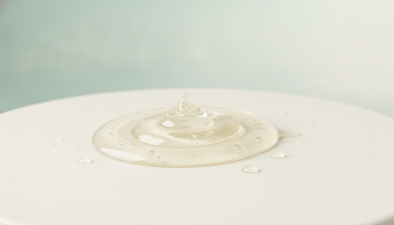 Clear aloe vera facial gel texture on an off-white matte surface against a soft sage-aqua wall