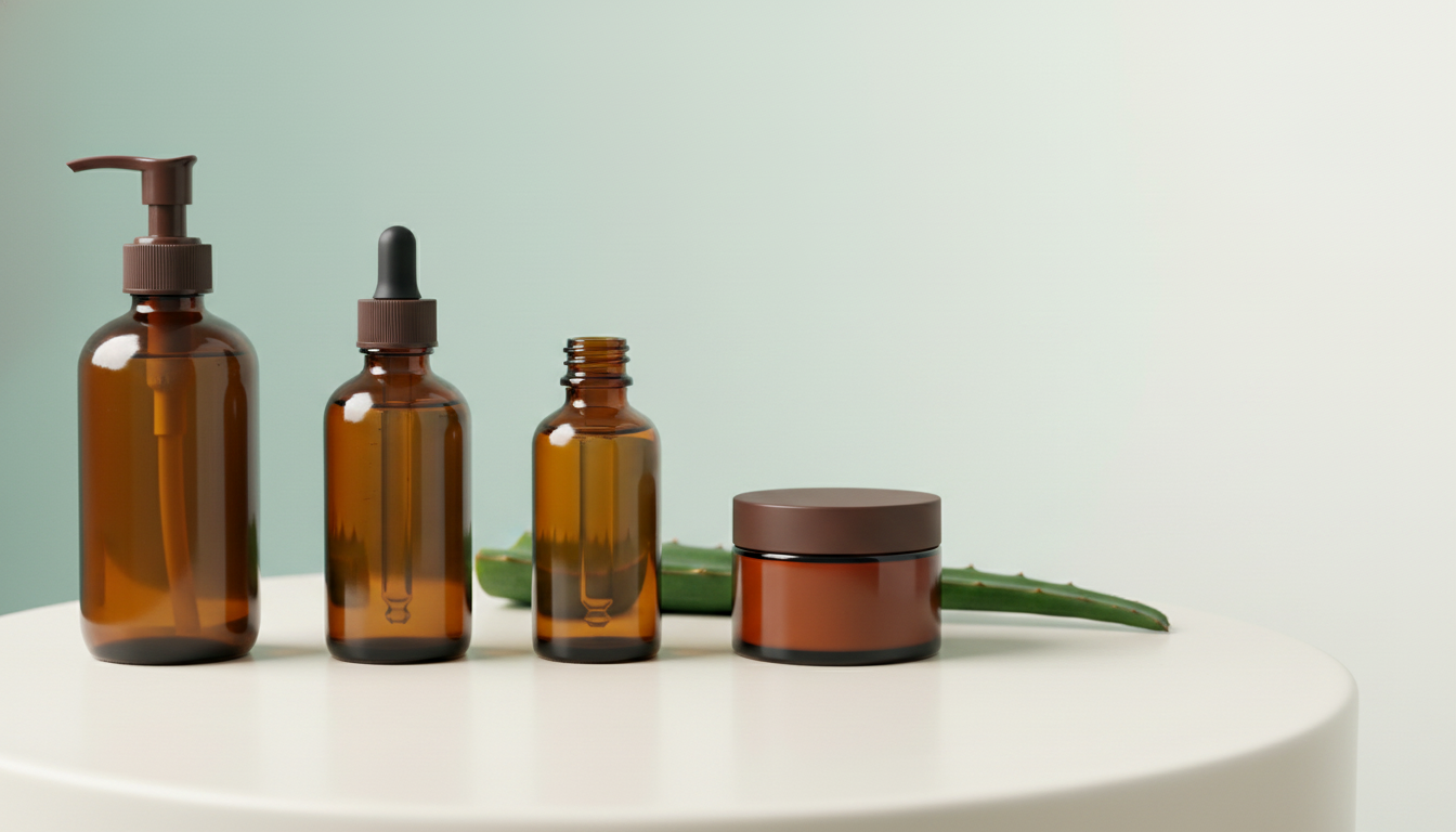 Three simple unbranded skincare bottles for men in a clean row on an off-white surface, sage-aqua background — Curaloe SA men's routine
