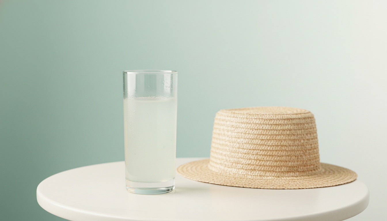Glass of cool aloe juice with condensation drops, beside a simple straw hat on off-white surface, sage-aqua background — post-sun hydration