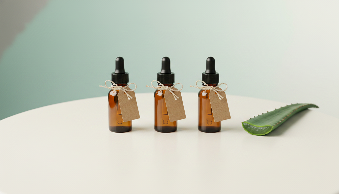 Flat lay of three small unbranded amber bottles with handwritten paper tags reading 'A.', 'B.', 'C.' on off-white surface — Curaloe label-reading guide