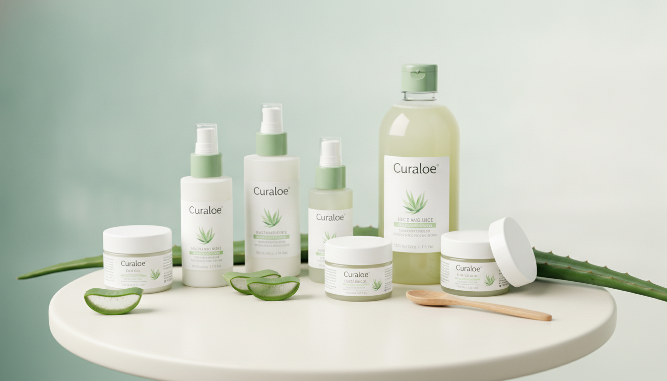Curaloe aloe vera product range flat-lay on an off-white surface against a sage-aqua wall