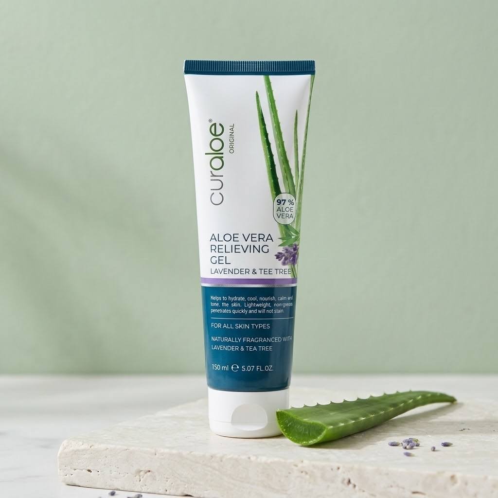 Curaloe Relieving Aloe Vera Gel with lavender and tea tree, tube on a stone slab with a fresh aloe leaf