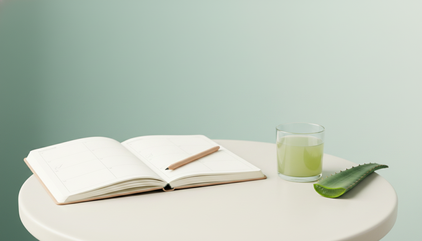 Open weekly planner with subtle pencil marks beside a small glass of aloe juice on an off-white surface, sage-aqua background — Curaloe 30-day ritual