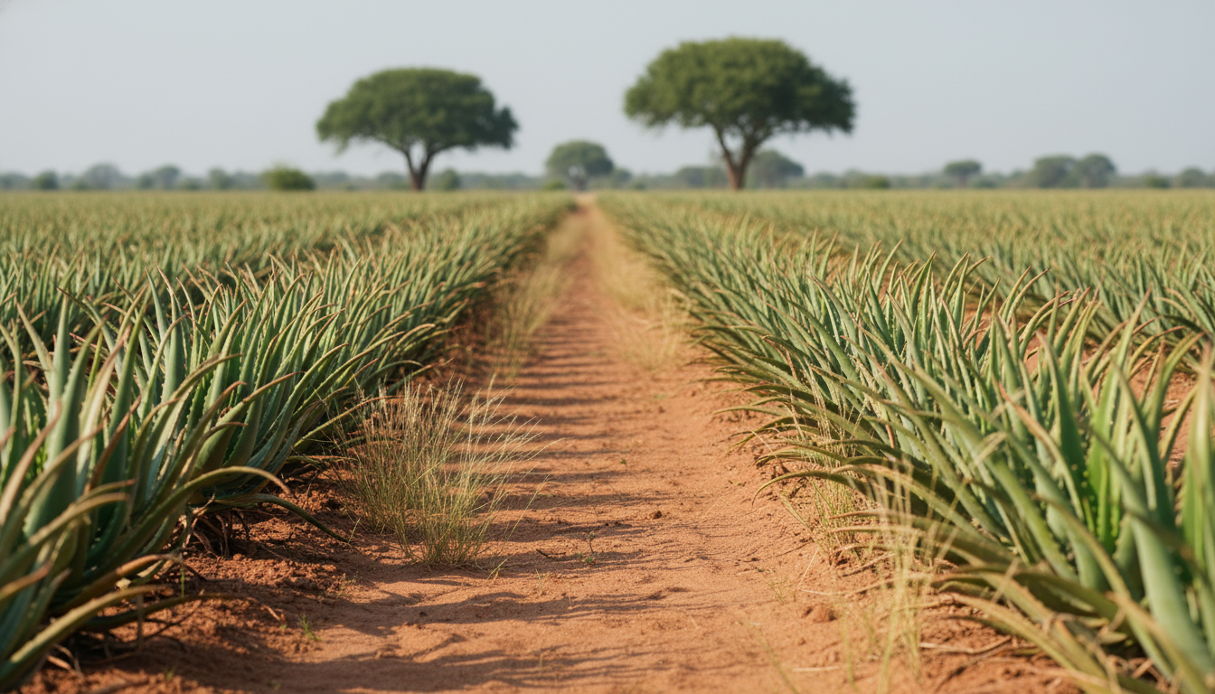 Rows of mature Aloe barbadensis plants in golden morning light on a Limpopo bushveld plantation — wide editorial landscape