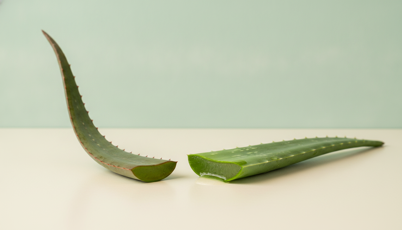 An Aloe ferox leaf and an Aloe vera (Aloe barbadensis Miller) leaf side by side on an off-white surface against a sage-aqua wall