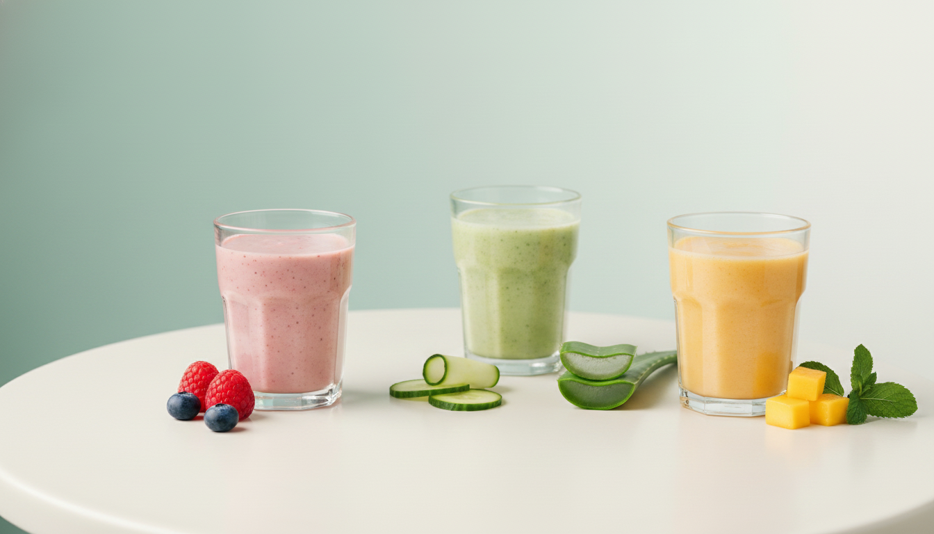 Three small clear glasses of fruit-and-aloe smoothies in soft pastel colours on an off-white surface, sage-aqua background