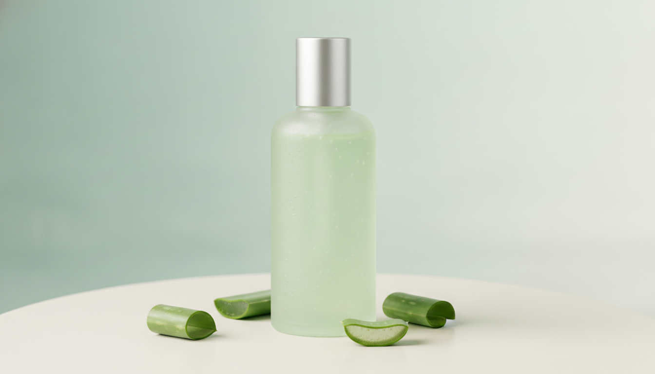 A bottle of Curaloe organic aloe vera gel on an off-white surface against a sage-aqua wall in soft daylight