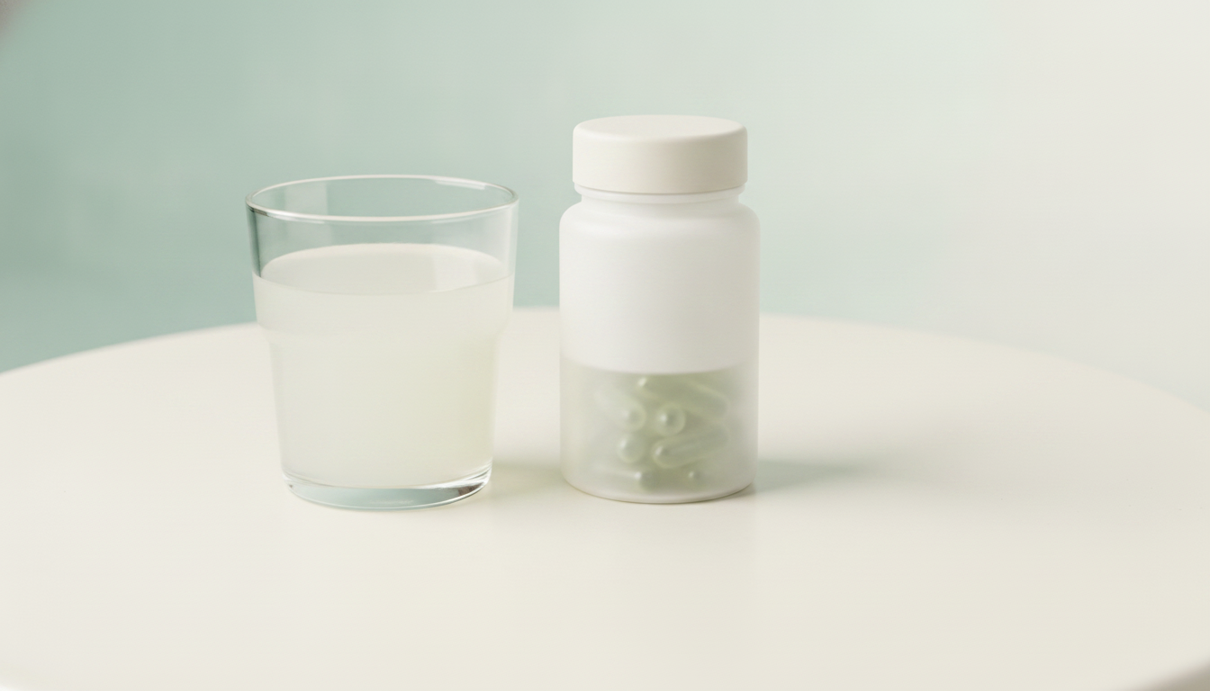 Curaloe aloe vera juice in a glass beside a bottle of aloe vera capsules on an off-white surface against a sage-aqua wall