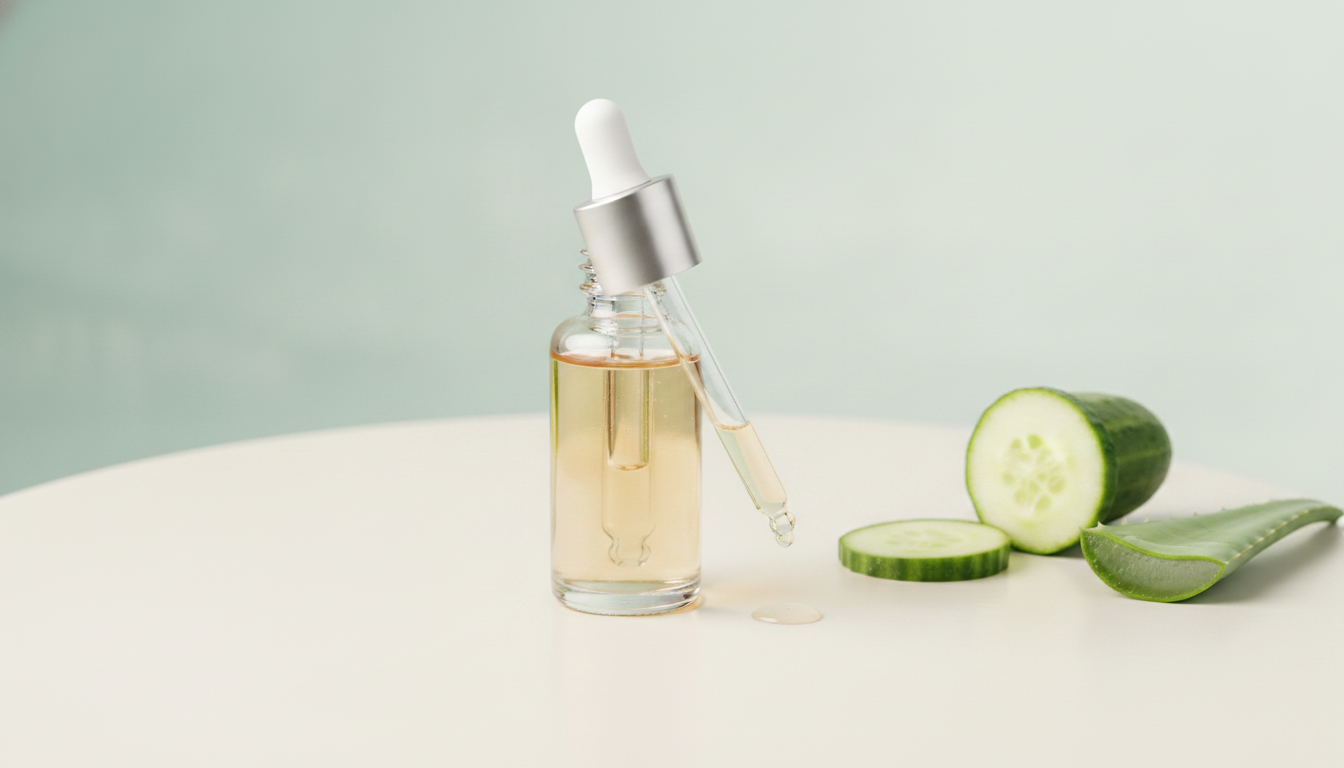Aloe vera facial serum dropper on an off-white matte surface against a sage-aqua wall, with soft daylight