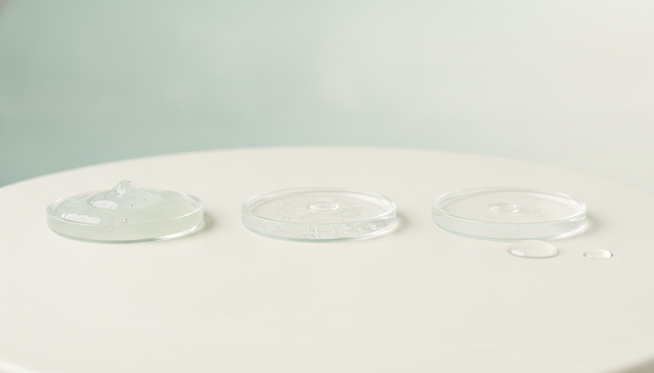 Three hydrating skincare textures compared side by side on an off-white surface against a sage-aqua wall