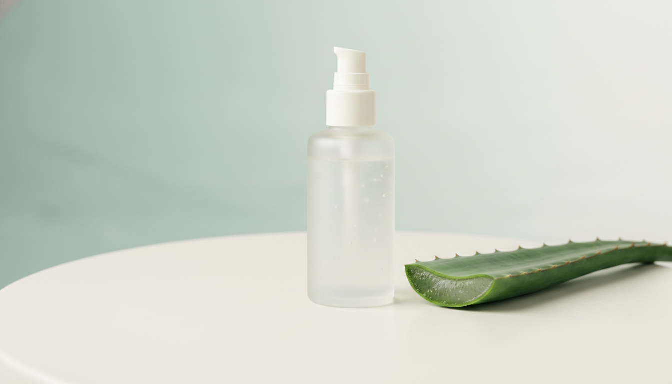 Bottle of certified-organic aloe vera gel on an off-white matte surface against a sage-aqua wall in soft daylight
