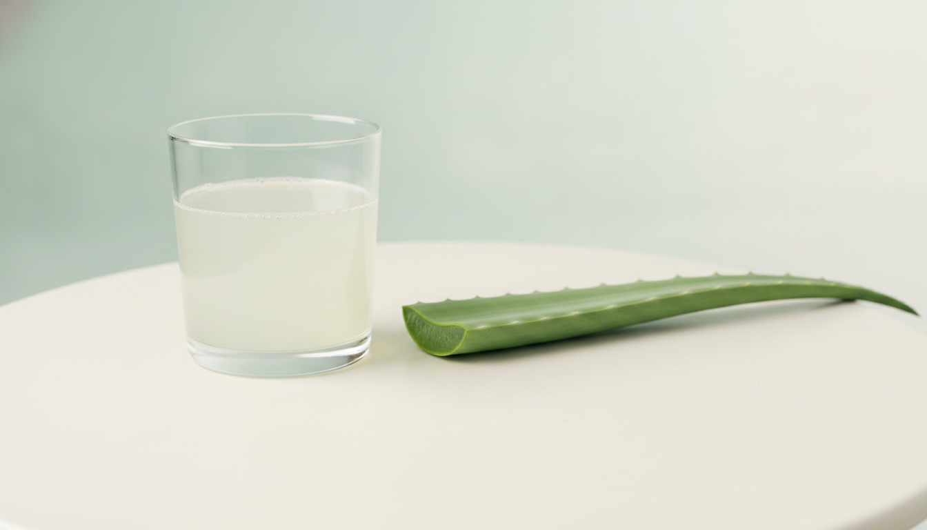 Clear glass of cold-pressed aloe vera juice beside a fresh aloe leaf on an off-white surface