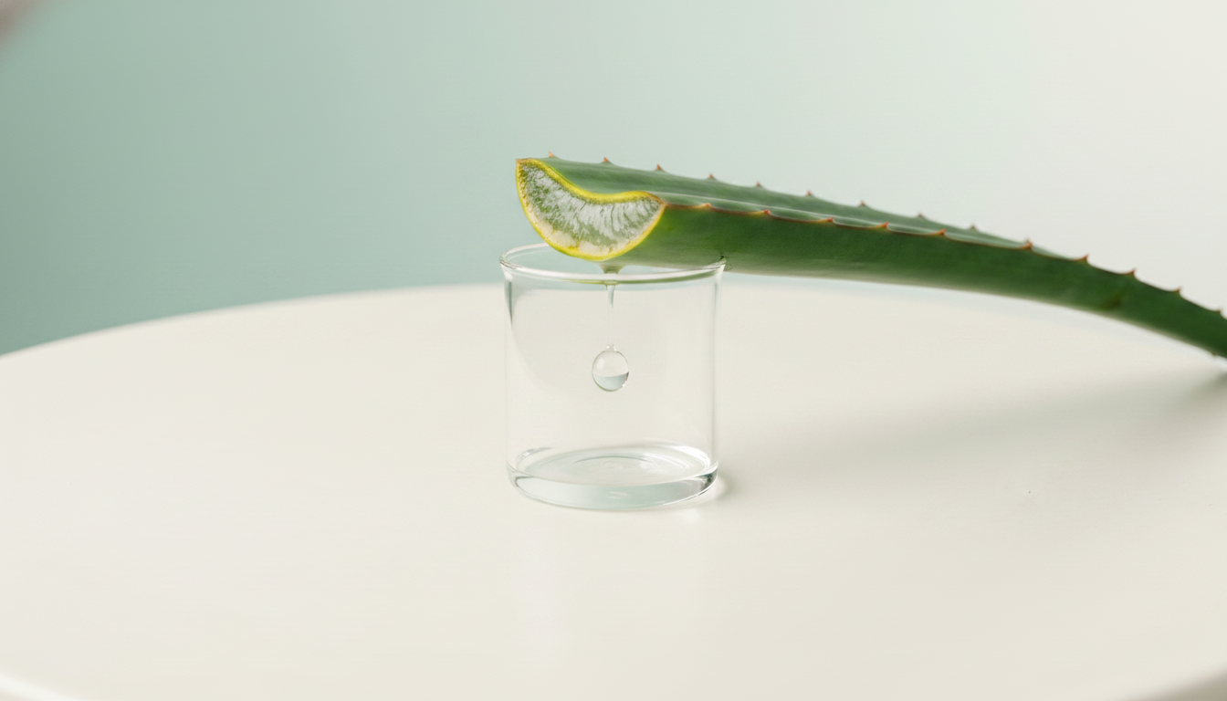 Fresh aloe leaf being slowly pressed, clear juice dripping into a glass beaker, off-white surface, sage-aqua background