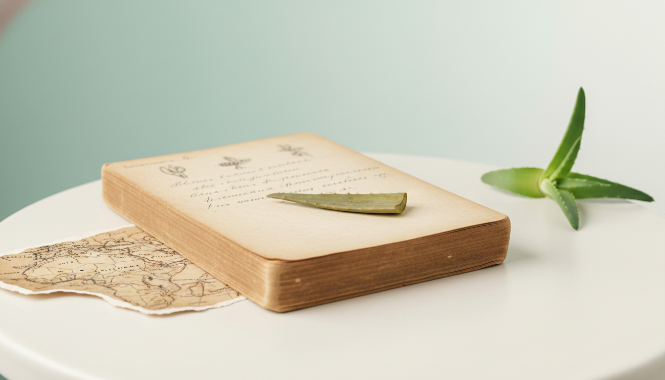 A weathered field journal open on an off-white surface, with a small pressed aloe leaf and a vintage map fragment — sage-aqua background