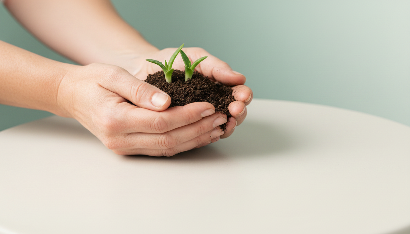 Cupped hands holding rich dark soil with small green aloe shoots — off-white surface, sage-aqua background, Curaloe regenerative farming