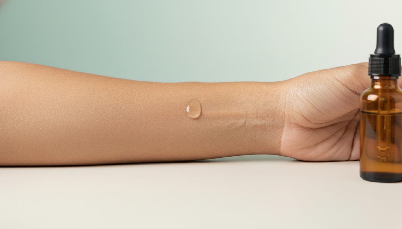 Single small drop of clear serum on the inside of a forearm with an unbranded bottle nearby on an off-white surface, sage-aqua background