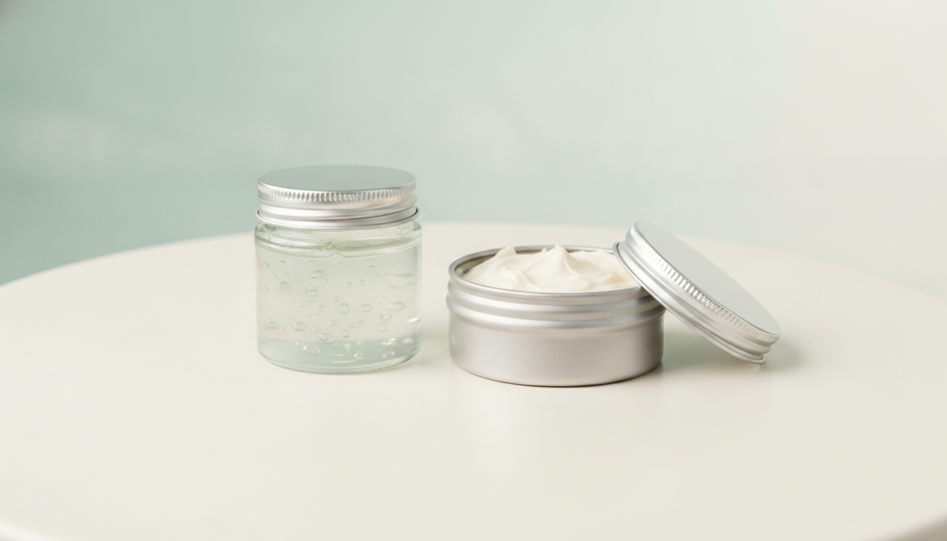 Certified-organic Curaloe aloe vera body care on an off-white surface against a soft sage-aqua wall, gentle daylight