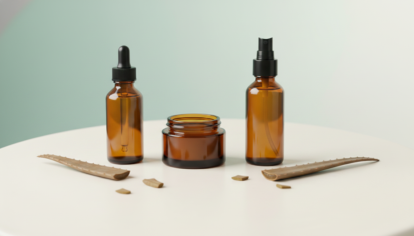 Three unbranded amber skincare bottles in different sizes on an off-white shelf with a sage-aqua wall behind — Curaloe SA climates skincare