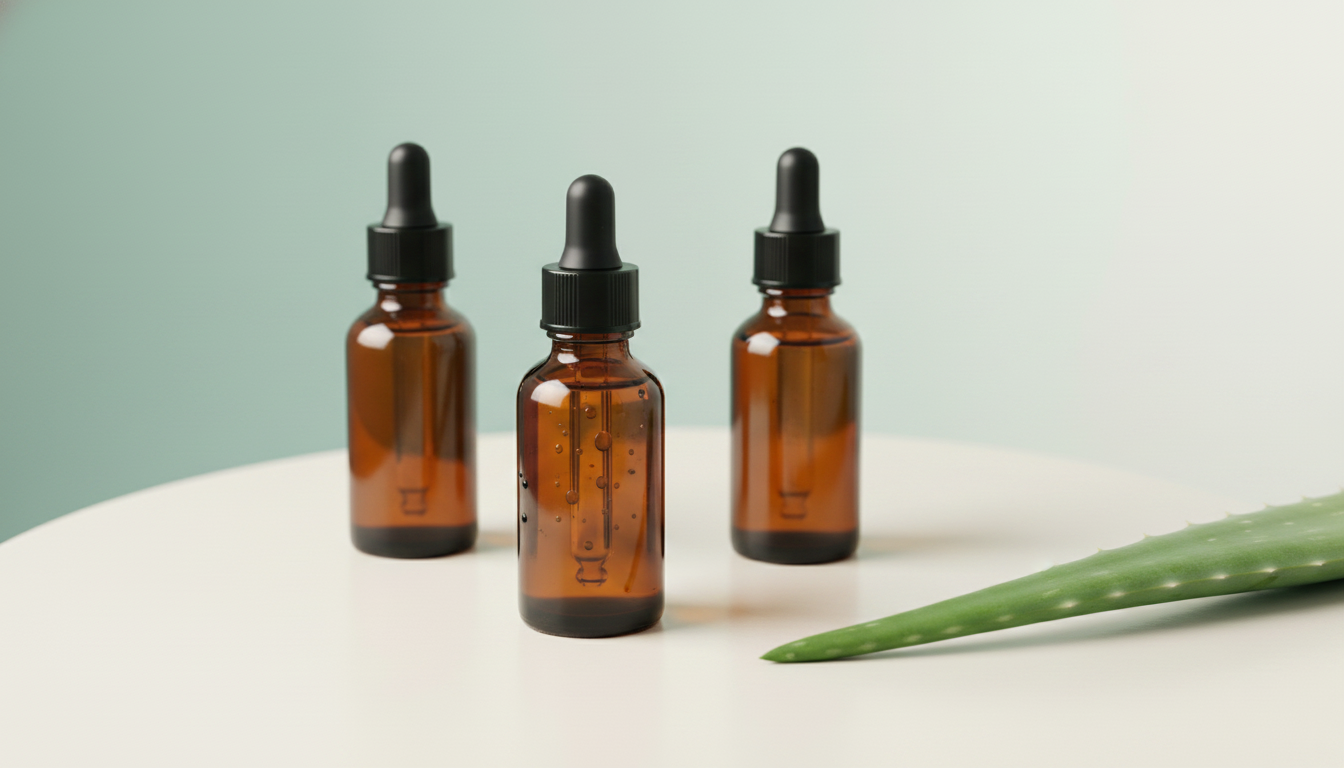 Three small amber bottles in a triangular composition on an off-white surface with fresh aloe leaf — summer SA skincare