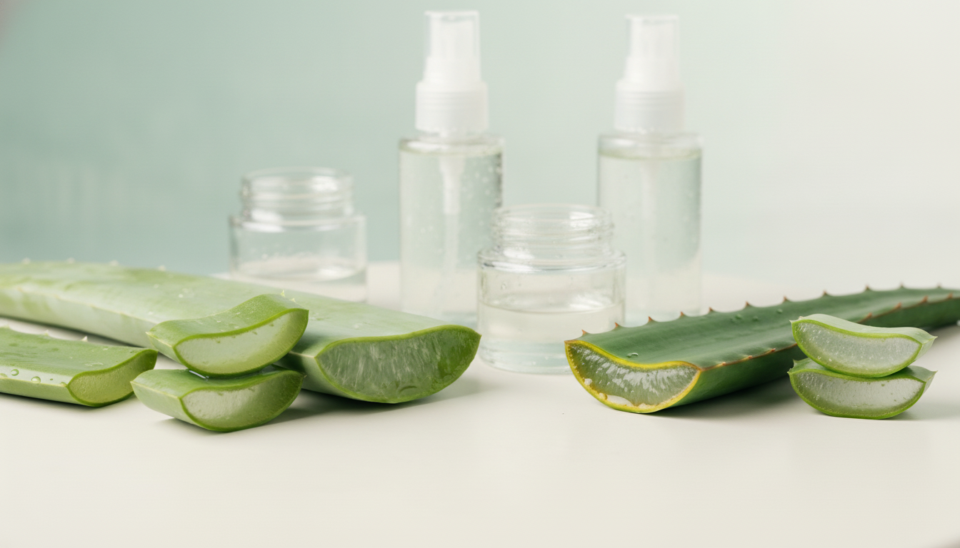 Curaloe aloe vera skincare flat-lay on off-white surface against a sage-aqua wall, with fresh aloe leaves in soft daylight