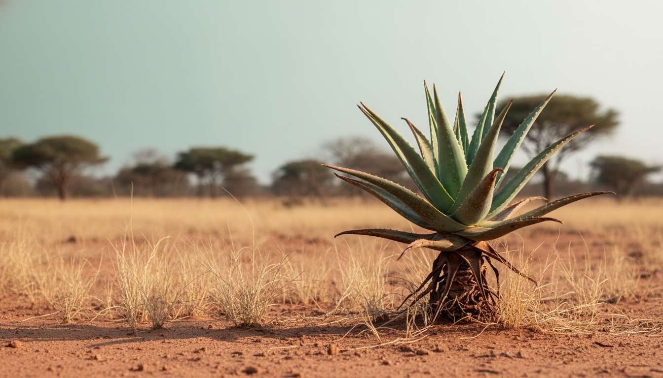 Single mature Aloe barbadensis plant rooted in warm red Limpopo bushveld soil, marula tree silhouettes behind, sage-aqua sky — Curaloe SA origin