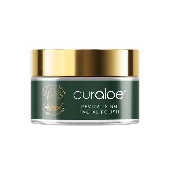 Curaloe Revitalising Facial Polish bottle, rich in 62% Aloe Vera, for glowing skin