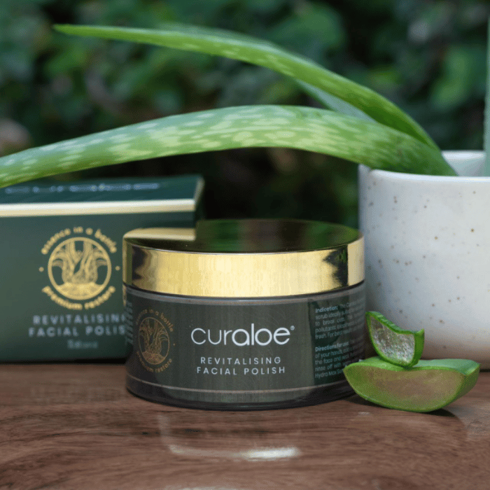 Curaloe Facial Polish with Jojoba and Avocado Oils for nourishment.