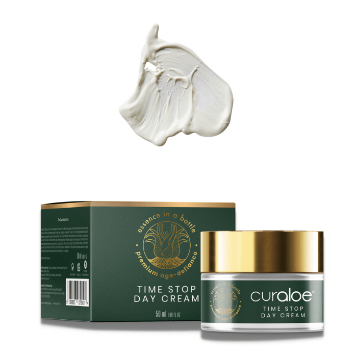 Experience anti-aging benefits with Curaloe Time Stop Day Cream, packed with 55% Aloe Vera and natural oils, ideal for mature skin