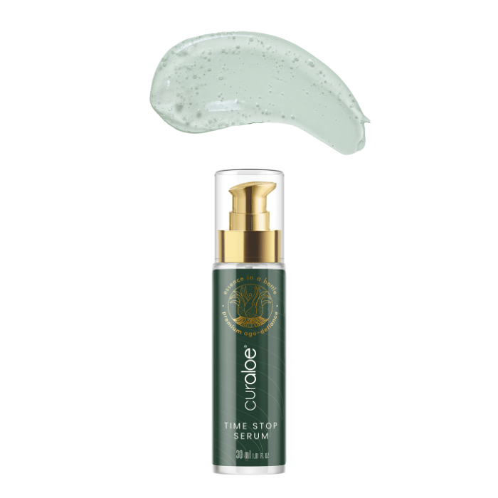 Curaloe Premium Time Stop Serum with 69% Aloe Vera, ideal for boosting collagen and elastin production in aging skin