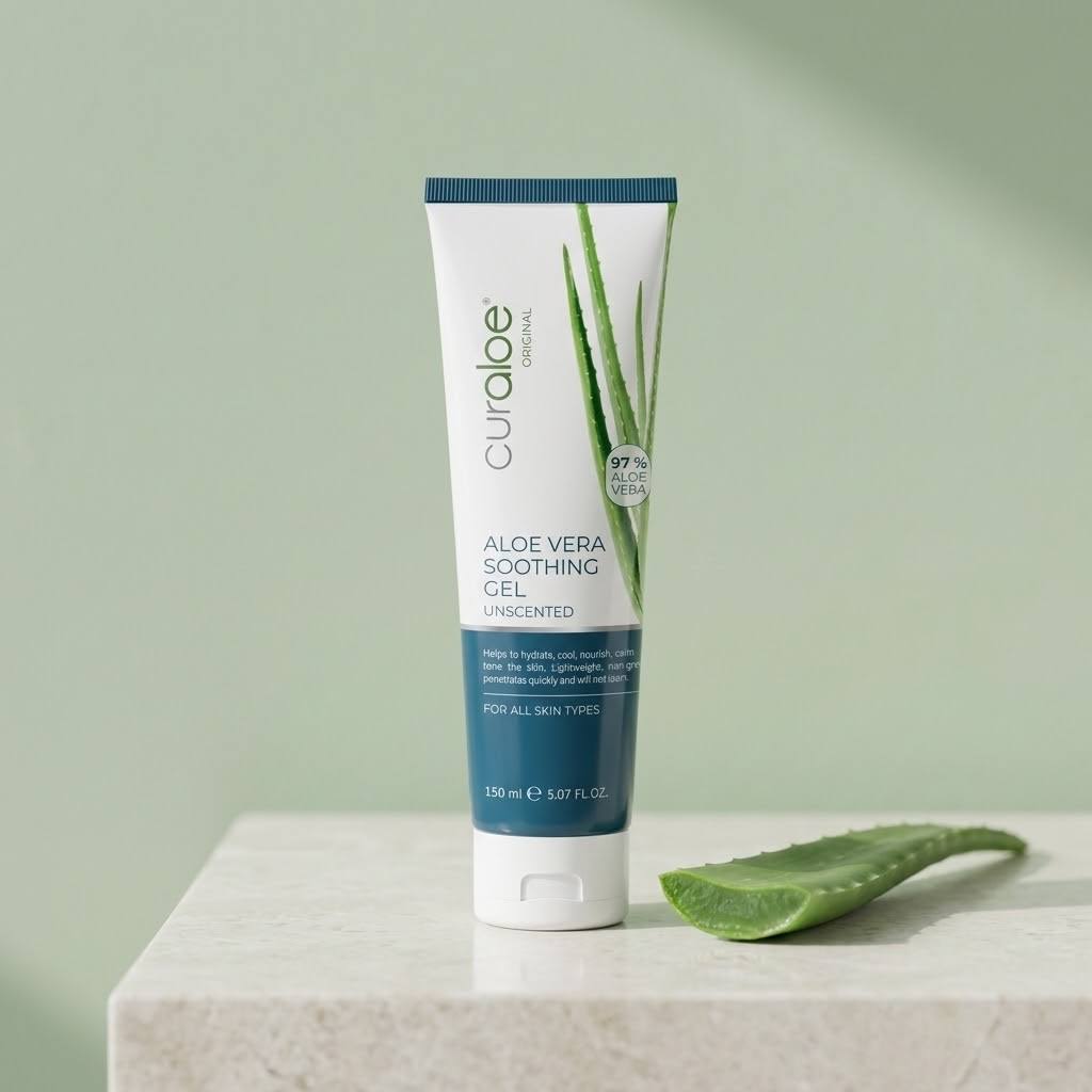 Curaloe Soothing Aloe Vera Gel 150ml, unscented, tube on a stone block with a fresh aloe leaf